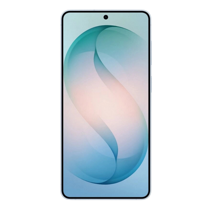 Samsung Galaxy S26 Plus Vorderansicht mit Rahmen, mittiger Punch Hole Kamera und blaugrünem Original Wallpaper