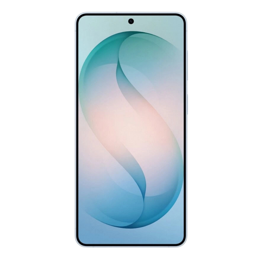 Samsung Galaxy S26 Plus Vorderansicht mit Rahmen, mittiger Punch Hole Kamera und blaugrünem Original Wallpaper