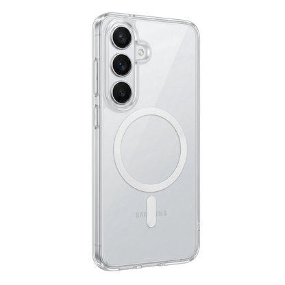 Transparente Clearcase Hülle für Samsung Galaxy S26 Plus in Silber, Rückansicht im Winkel mit drei Kameralinsen und integriertem MagSafe Ring in Weiß