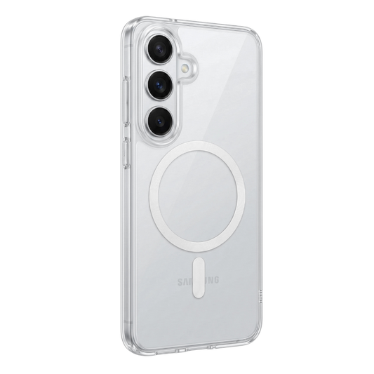 Transparente Clearcase Hülle für Samsung Galaxy S26 Plus in Silber, Rückansicht im Winkel mit drei Kameralinsen und integriertem MagSafe Ring in Weiß