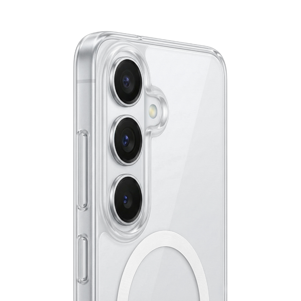 Nahaufnahme einer transparenten Clearcase Hülle für Samsung Galaxy S26 Plus in Silber, Rückansicht mit drei Kameralinsen und integriertem MagSafe Ring in Weiß