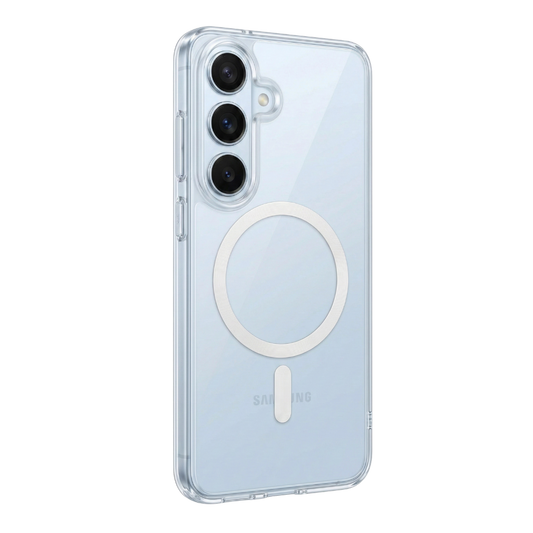 Transparente Clearcase Hülle für Samsung Galaxy S26 in Hellblau, Rückansicht im Winkel mit drei Kameralinsen und integriertem MagSafe Ring in Weiß