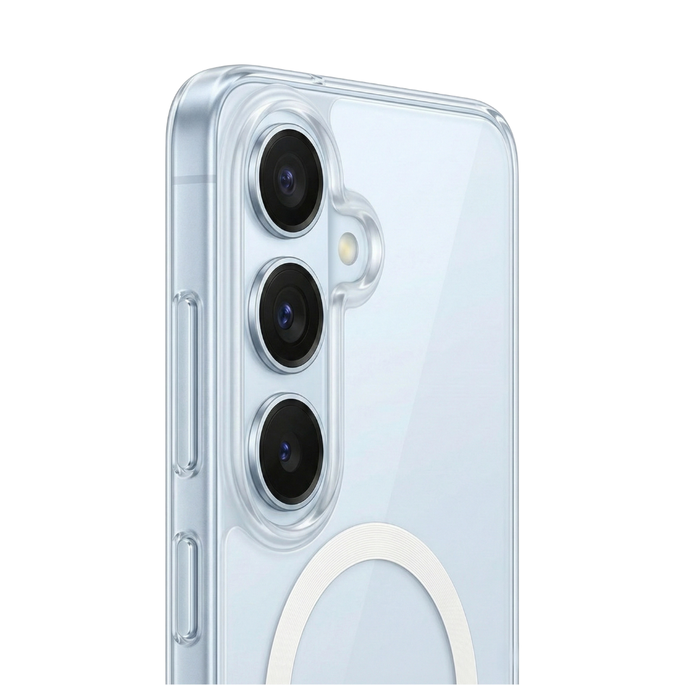 Nahaufnahme einer transparenten Clearcase Hülle für Samsung Galaxy S26 in Hellblau, Rückansicht mit drei Kameralinsen und integriertem MagSafe Ring in Weiß