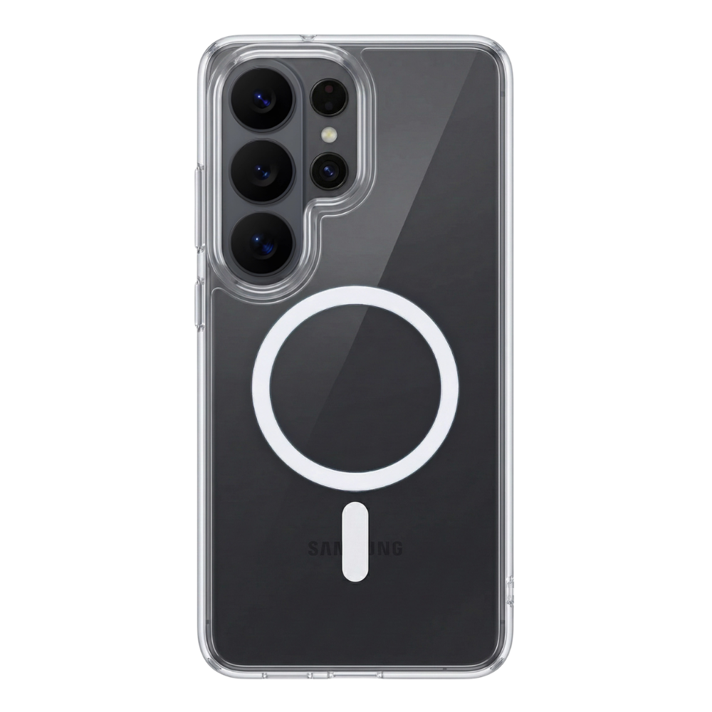 Transparente Clearcase Hülle für Samsung Galaxy S26 Ultra in Schwarz, Rückansicht mit drei großen Kameralinsen, Zusatzsensoren und integriertem MagSafe Ring in Weiß