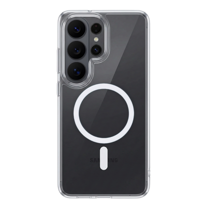 Transparente Clearcase Hülle für Samsung Galaxy S26 Ultra in Schwarz, Rückansicht mit drei großen Kameralinsen, Zusatzsensoren und integriertem MagSafe Ring in Weiß