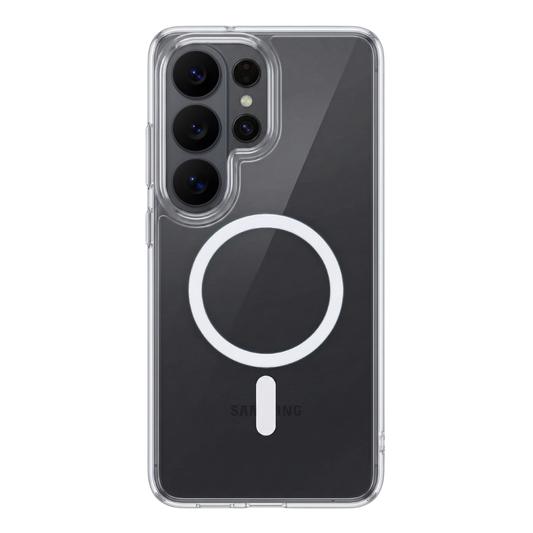 Transparente Clearcase Hülle für Samsung Galaxy S26 Ultra in Schwarz, Rückansicht mit drei großen Kameralinsen, Zusatzsensoren und integriertem MagSafe Ring in Weiß