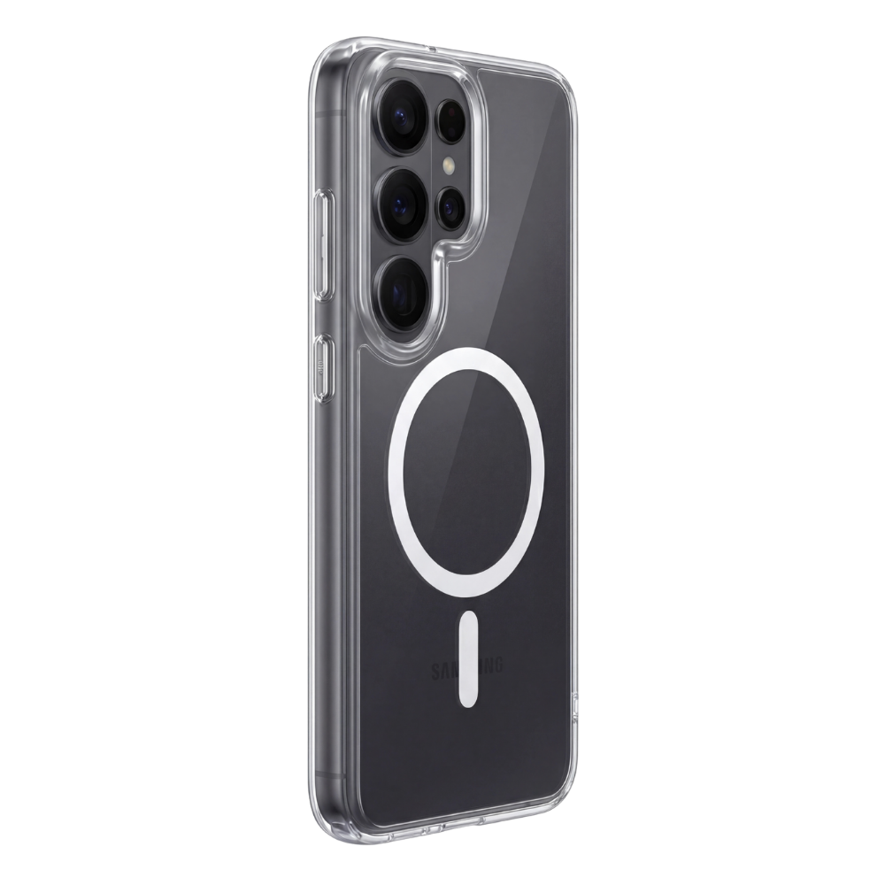 Transparente Clearcase Hülle für Samsung Galaxy S26 Ultra in Schwarz, Rückansicht im Winkel mit drei großen Kameralinsen, Zusatzsensoren und integriertem MagSafe Ring in Weiß