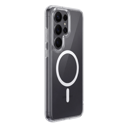 Transparente Clearcase Hülle für Samsung Galaxy S26 Ultra in Schwarz, Rückansicht im Winkel mit drei großen Kameralinsen, Zusatzsensoren und integriertem MagSafe Ring in Weiß