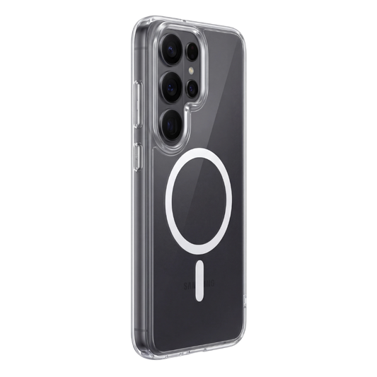 Transparente Clearcase Hülle für Samsung Galaxy S26 Ultra in Schwarz, Rückansicht im Winkel mit drei großen Kameralinsen, Zusatzsensoren und integriertem MagSafe Ring in Weiß