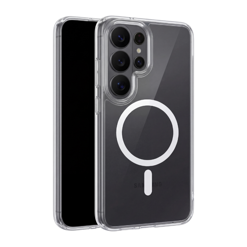 Transparente Clearcase Hülle für Samsung Galaxy S26 Ultra in Schwarz, Rückansicht und Frontansicht mit integriertem MagSafe Ring in Weiß