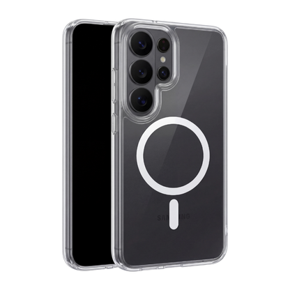 Transparente Clearcase Hülle für Samsung Galaxy S26 Ultra in Schwarz, Rückansicht und Frontansicht mit integriertem MagSafe Ring in Weiß