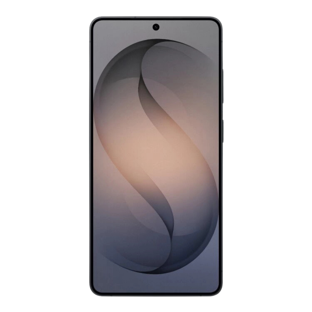 Samsung Galaxy S26 Ultra Vorderansicht mit schwarzem Rahmen, mittiger Punch Hole Kamera und dunklem Original Wallpaper in Grau und Beige