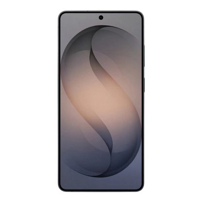 Samsung Galaxy S26 Ultra Vorderansicht mit schwarzem Rahmen, mittiger Punch Hole Kamera und dunklem Original Wallpaper in Grau und Beige