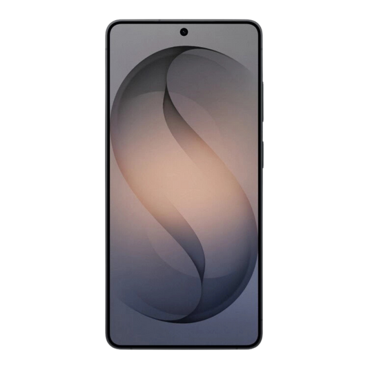 Samsung Galaxy S26 Ultra Vorderansicht mit schwarzem Rahmen, mittiger Punch Hole Kamera und dunklem Original Wallpaper in Grau und Beige