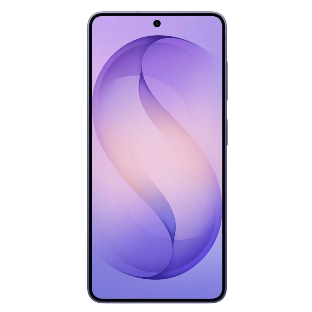 Samsung Galaxy S26 Vorderansicht mit Rahmen, mittiger Punch Hole Kamera und lila Original Wallpaper