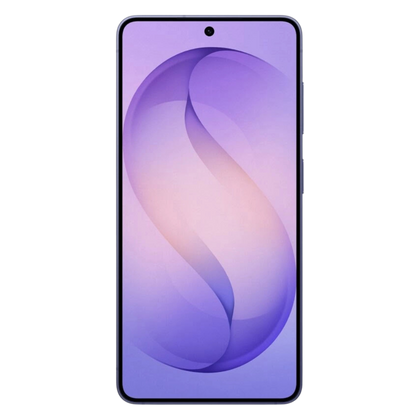 Samsung Galaxy S26 Vorderansicht mit Rahmen, mittiger Punch Hole Kamera und lila Original Wallpaper