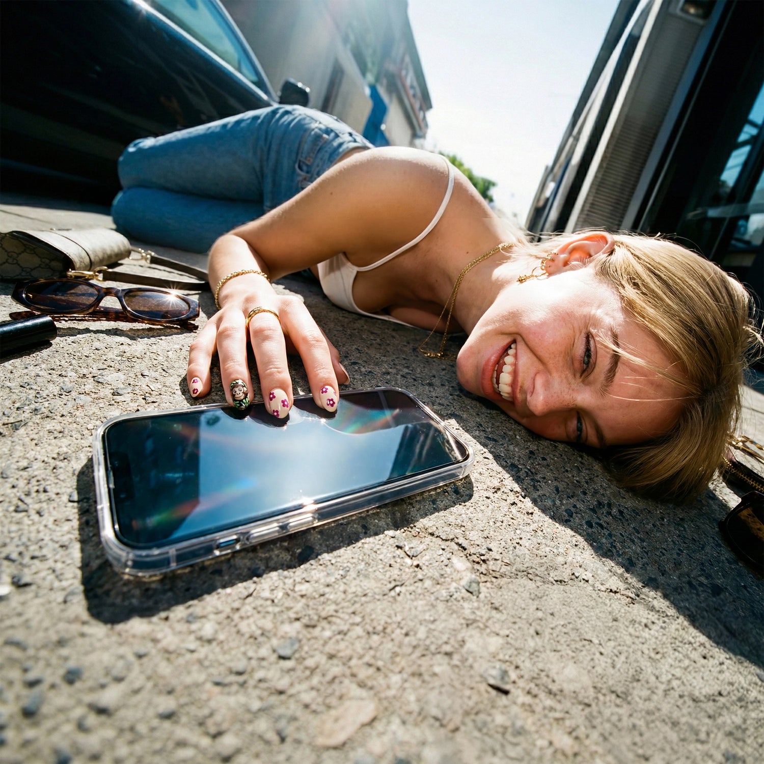 Frau liegt auf Asphalt und greift lächelnd nach einem Smartphone im transparenten Case, daneben Sonnenbrille und Lippenstift.
