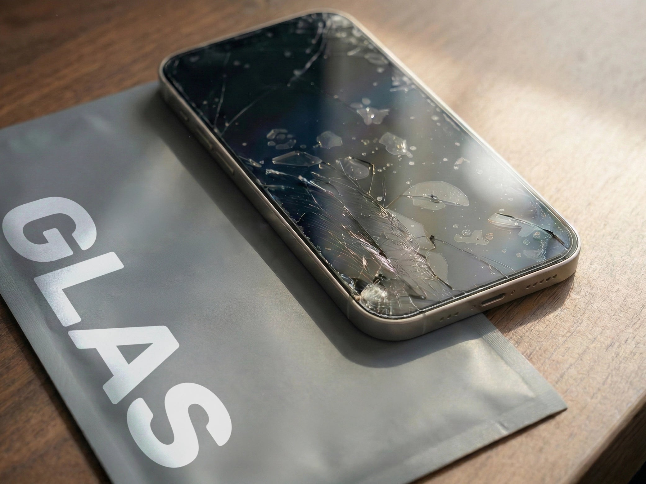 Smartphone liegt auf einer grauen Unterlage mit dem Wort GLAS auf einem Holztisch, das Display ist sichtbar gesplittert und zeigt Risse als Beispiel für klassisches Panzerglas